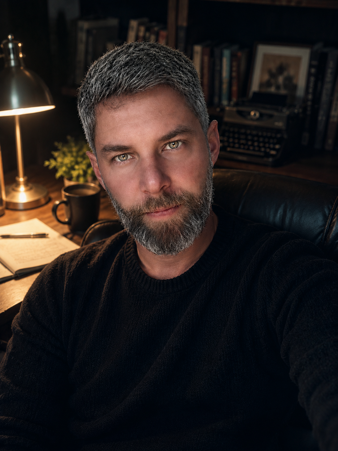 Retrato de Micael Gallo em ambiente de escrita