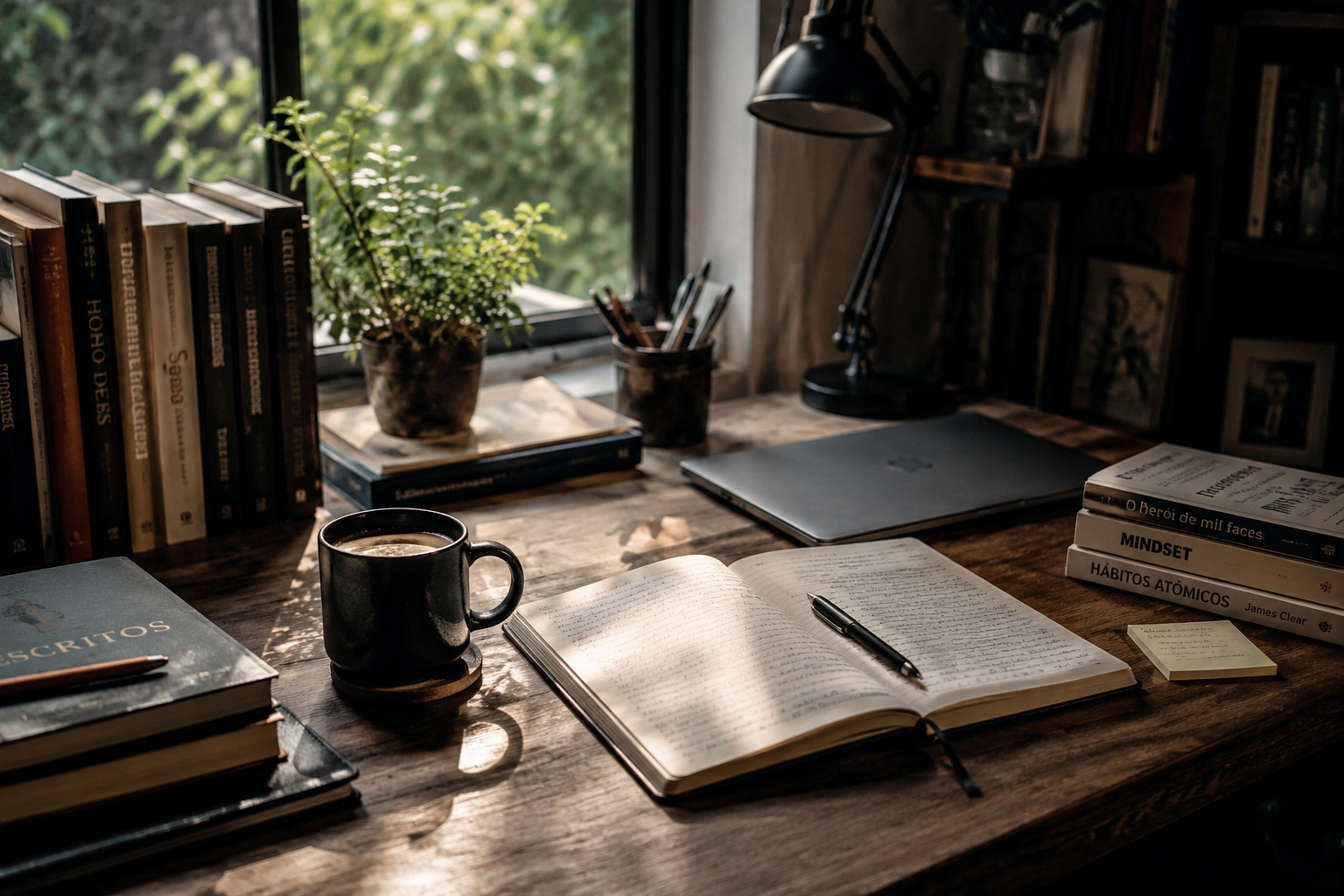 Mesa de escritor com livros, caderno e anotações